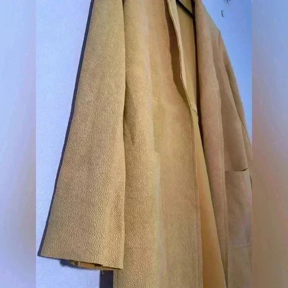 Joan Vass Golden Yellow Lightweight Faux Leather Long Open Concept Coat Sz Small - Picture 4 of 7